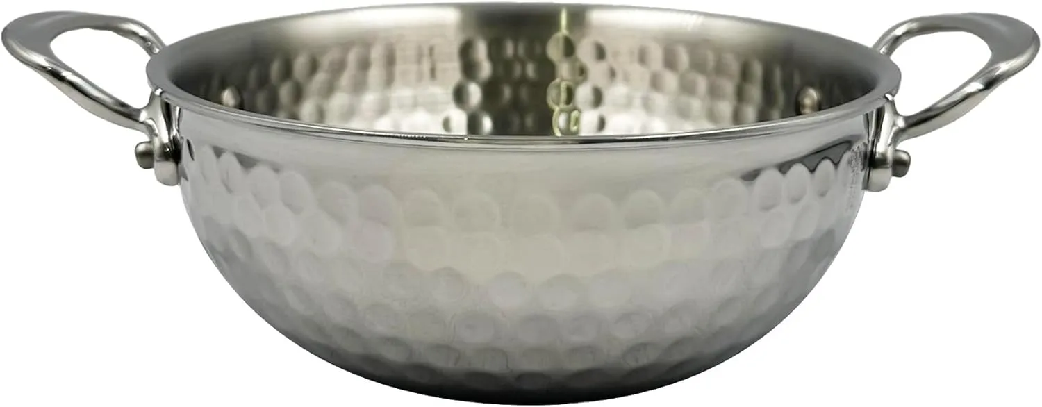 Mauviel M'Elite 5-Ply Hammered Polished Stainless Steel Curved Splayed Saute Pan, And Cast Stainless Steel Handles, 2.1-qt, Made in France