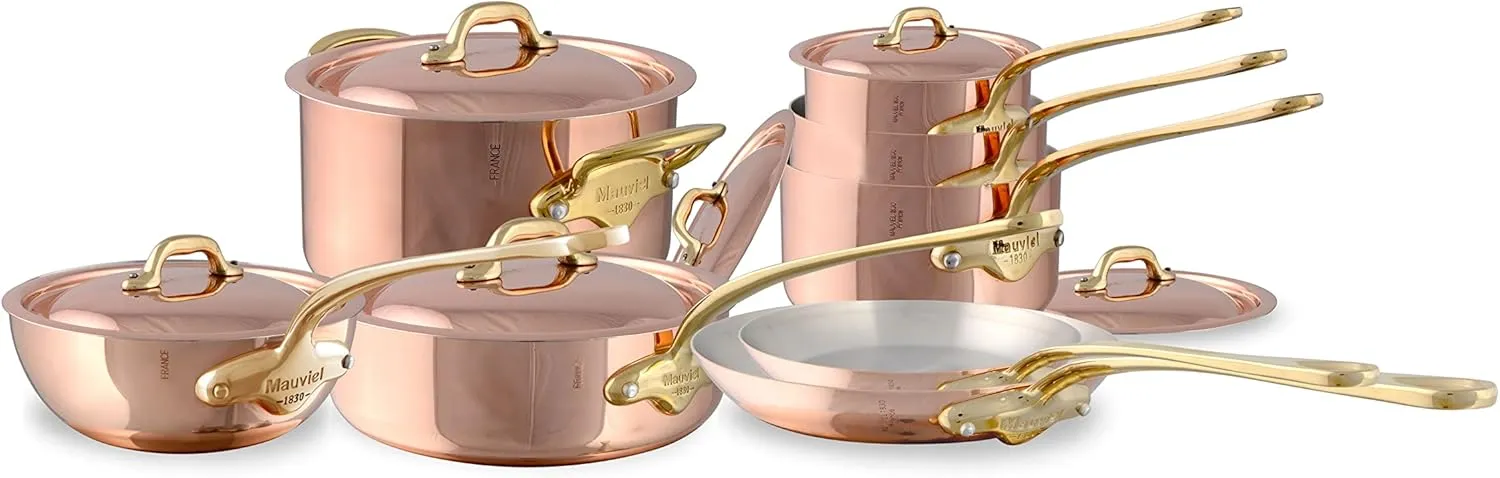 Mauviel M'Heritage 150 B 1.5mm Polished Copper & Stainless Steel 14-Piece Cookware Set With Brass Handles, Made In France