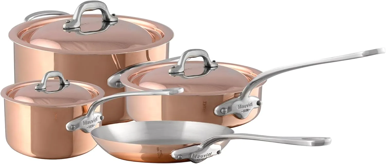 Mauviel M'Heritage 150 S 1.5mm Polished Copper & Stainless Steel 7-Piece Cookware Set With Cast Stainless Steel Handles And Curved Lid, Made In France