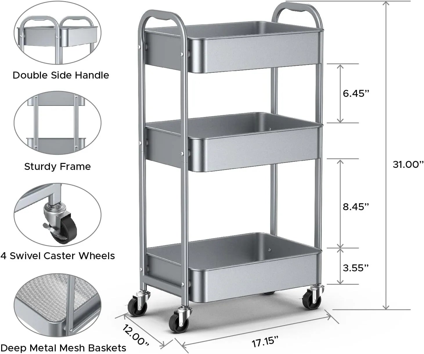 MAX Houser 3-Tier Rolling Utility Cart with Caster Wheels,Easy Assembly, for Kitchen, Bathroom (Silvery-Grey)