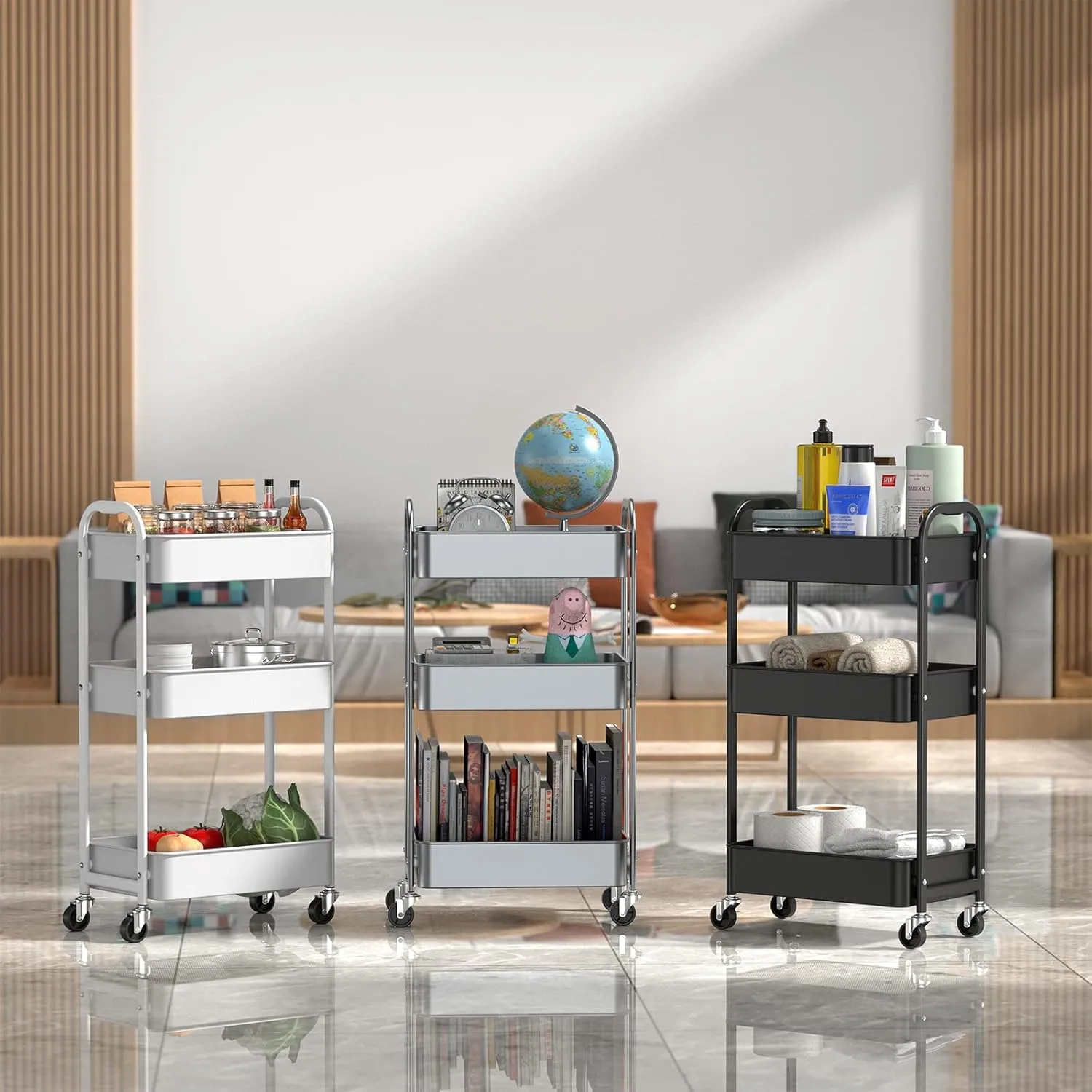 MAX Houser 3-Tier Rolling Utility Cart with Caster Wheels,Easy Assembly, for Kitchen, Bathroom (Silvery-Grey)