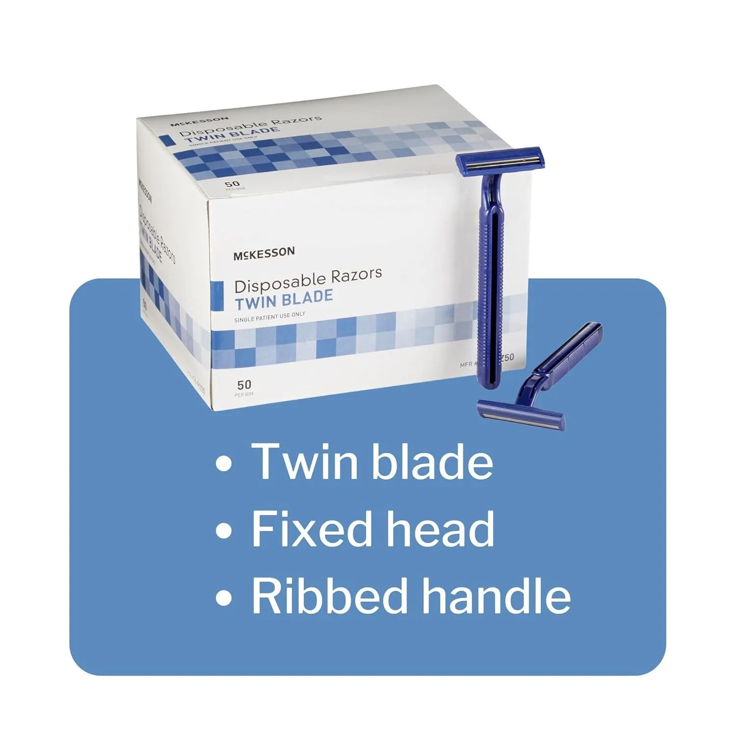 McKesson Disposable Razors [100 Count] Shaving Razor, Twin Blade, Stainless Steel Blade, For Men and Women, Bulk, Blue, 50 Count, Pack of 2