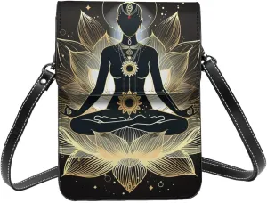 meditating chakra mandala lotus sacred geometry Leather Small Crossbody Bags for Women Cell Phone Bag Wallet Purses with Adjustable Strap