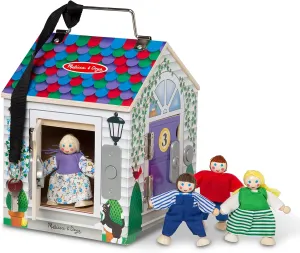 Melissa & Doug Take-Along Wooden Doorbell Dollhouse, Doorbell Sounds, Keys, 4 Poseable Wooden Dolls, 9' H X 6.8' W X 6.8' L