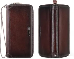 Men's Genuine Leather Zipper Wallet with RFID Blocking, Phone Pocket，Long Zipper Pouch Wallet, Large Clutch Cash Long Wallet with Zipper，Leather Wallets for Men for Checkbook, phone, Cash