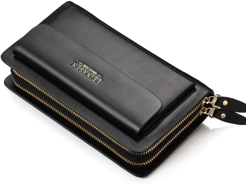 Mens Large Long Leather Clutch Hand Bag Wallet Purse Travel Passport Business Cell Phone Holster Credit Card Holder Wallets
