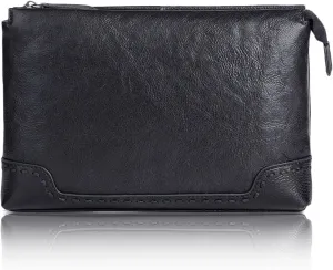 Mens Upscale Clutch Bag Multi-purpose Wristlet Wallet Vegetable Tanned Leather Business Handbag for 9.7'' Tablet