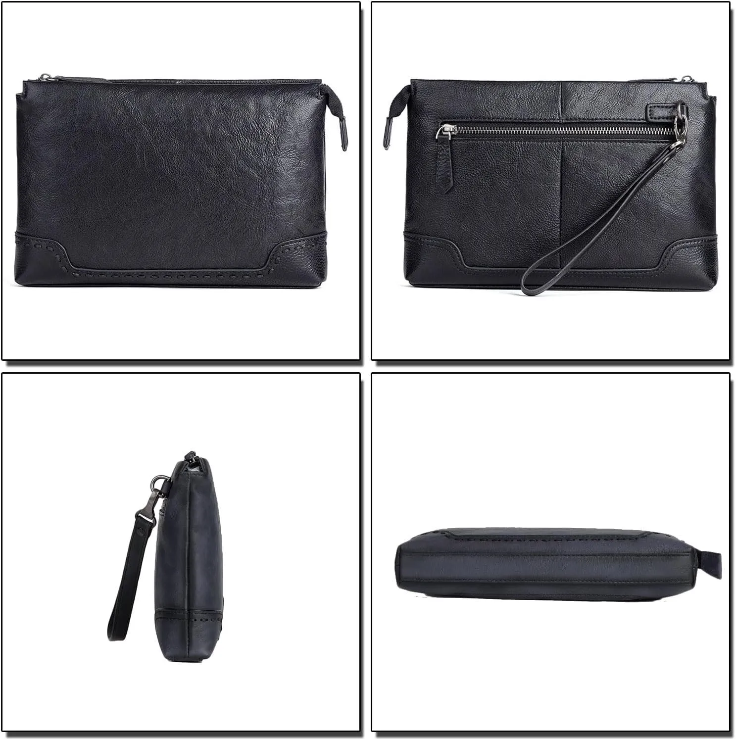 Mens Upscale Clutch Bag Multi-purpose Wristlet Wallet Vegetable Tanned Leather Business Handbag for 9.7'' Tablet