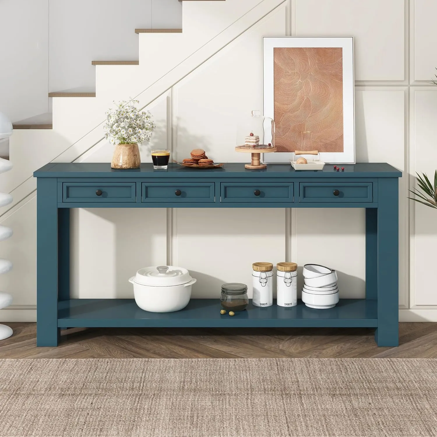 Merax Console Table/Sofa Table with Storage Drawers and Bottom Shelf for Entryway Hallway Dark Blue