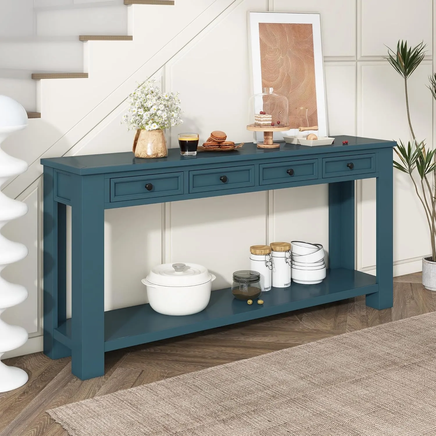 Merax Console Table/Sofa Table with Storage Drawers and Bottom Shelf for Entryway Hallway Dark Blue