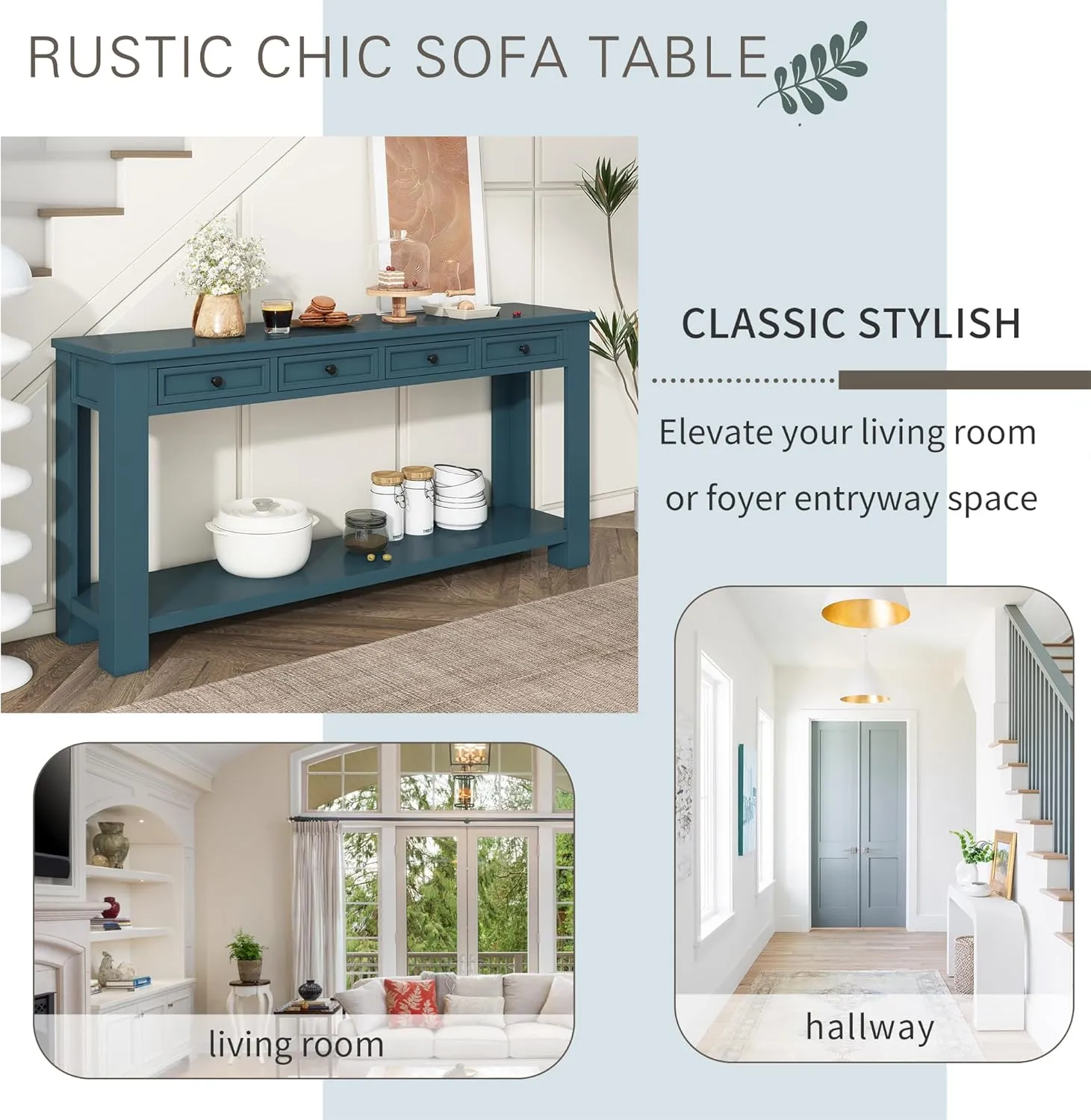 Merax Console Table/Sofa Table with Storage Drawers and Bottom Shelf for Entryway Hallway Dark Blue