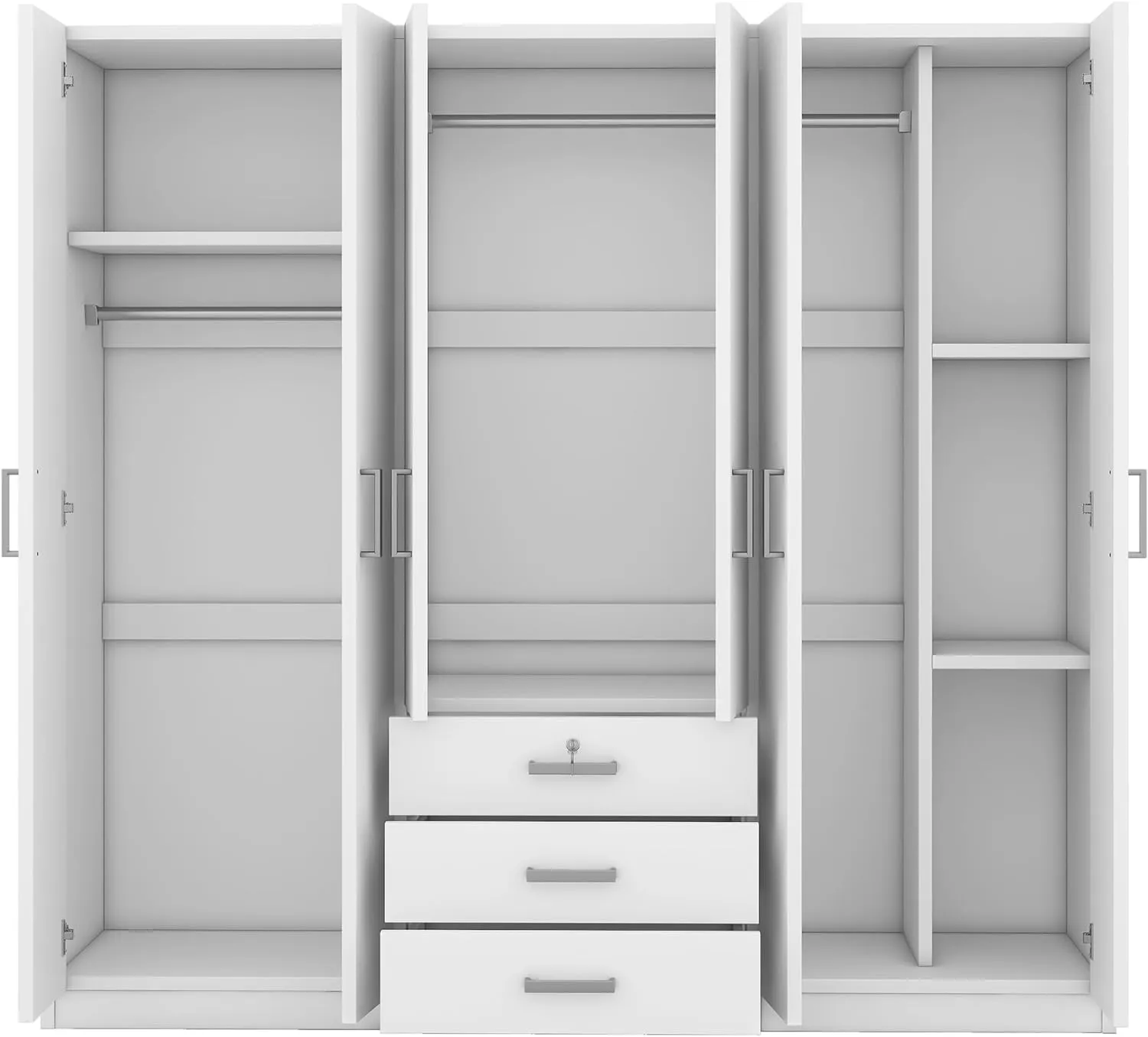 Merax Large White 6 Doors Wooden Wardrobe, Bedroom Tall Armoire Closet Organizer with Big Drawers, Hanging Rails and Shelves, Clothes Storage Cabinet for Garage & Laundry Room, White