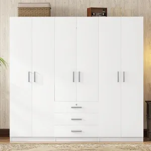 Merax Large White 6 Doors Wooden Wardrobe, Bedroom Tall Armoire Closet Organizer with Big Drawers, Hanging Rails and Shelves, Clothes Storage Cabinet for Garage & Laundry Room, White