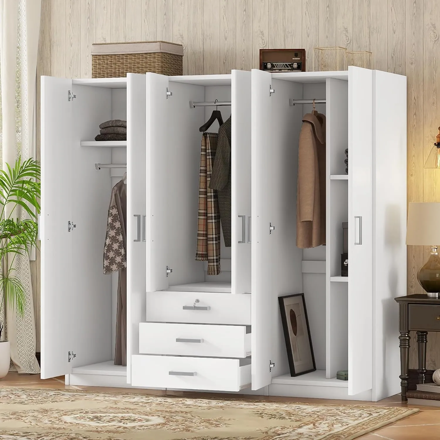Merax Large White 6 Doors Wooden Wardrobe, Bedroom Tall Armoire Closet Organizer with Big Drawers, Hanging Rails and Shelves, Clothes Storage Cabinet for Garage & Laundry Room, White