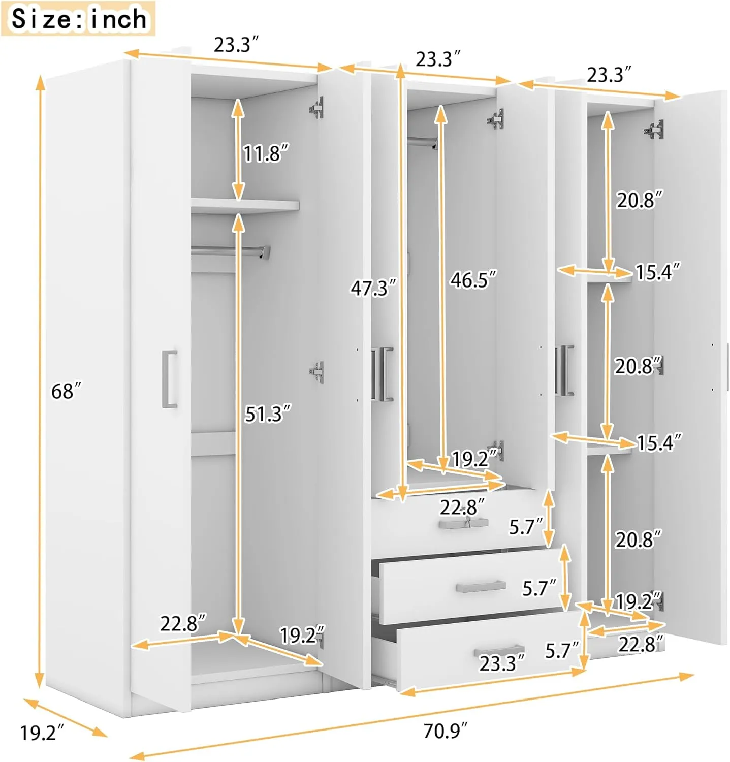 Merax Large White 6 Doors Wooden Wardrobe, Bedroom Tall Armoire Closet Organizer with Big Drawers, Hanging Rails and Shelves, Clothes Storage Cabinet for Garage & Laundry Room, White