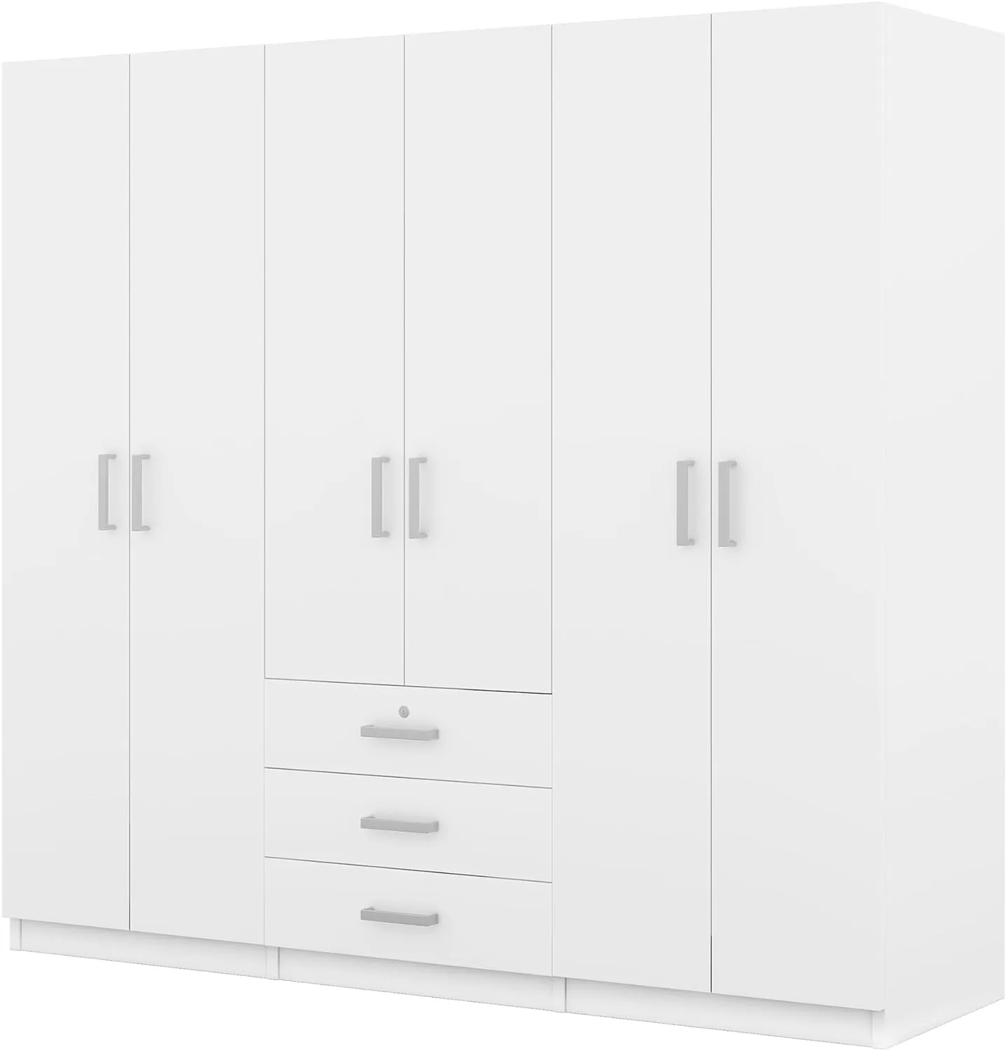 Merax Large White 6 Doors Wooden Wardrobe, Bedroom Tall Armoire Closet Organizer with Big Drawers, Hanging Rails and Shelves, Clothes Storage Cabinet for Garage & Laundry Room, White