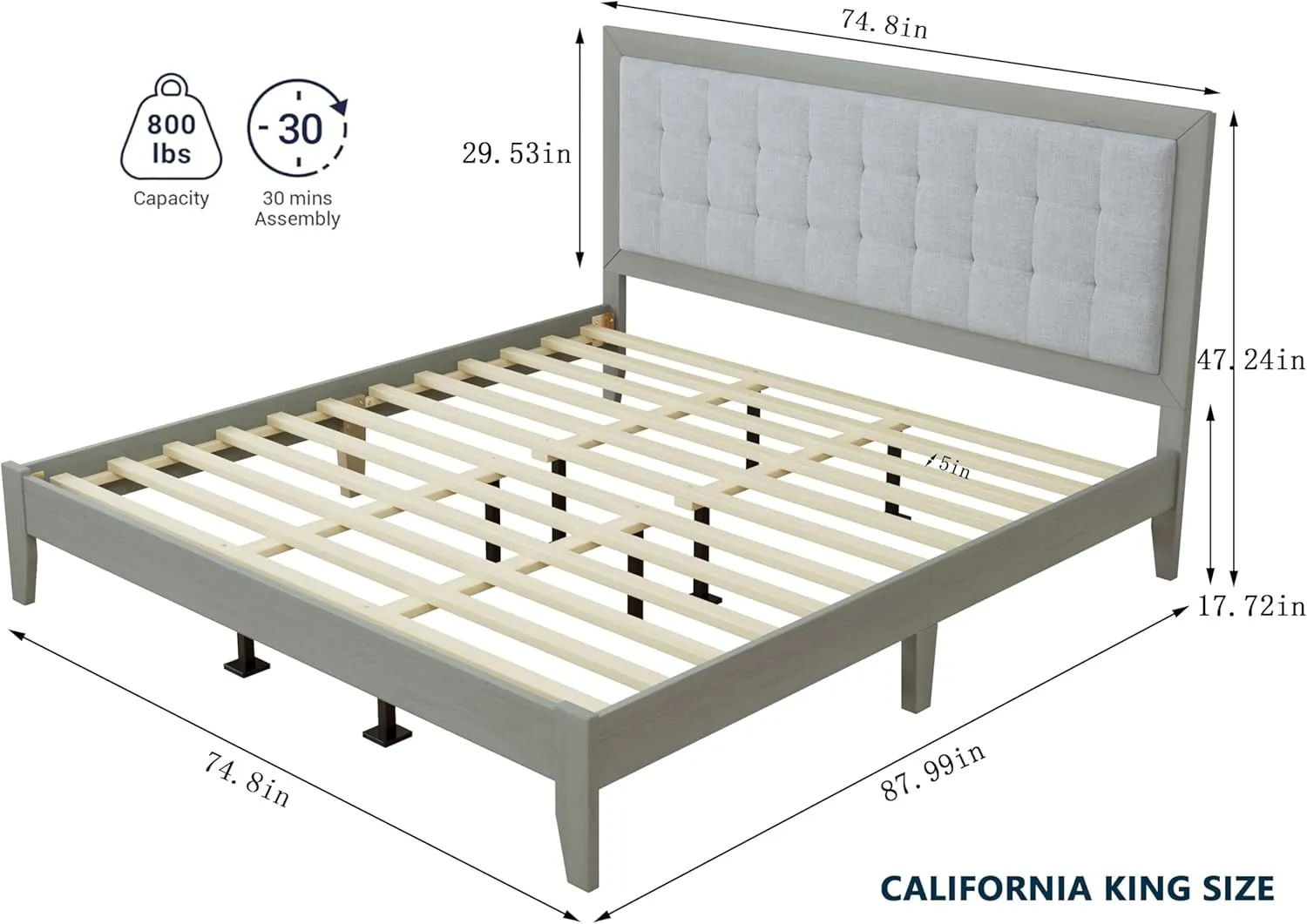 Merax Modern Upholstered Bed Frame with Vertical Channel Headboars, California King Low Tufted Platform Bed, No Box Spring Needed, Easy Assemble, Gray