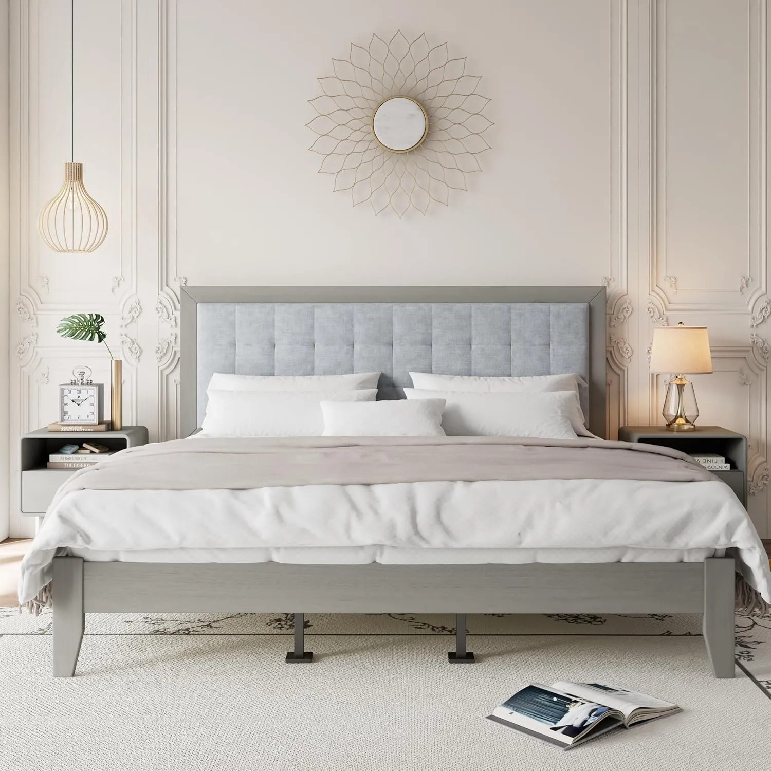Merax Modern Upholstered Bed Frame with Vertical Channel Headboars, California King Low Tufted Platform Bed, No Box Spring Needed, Easy Assemble, Gray