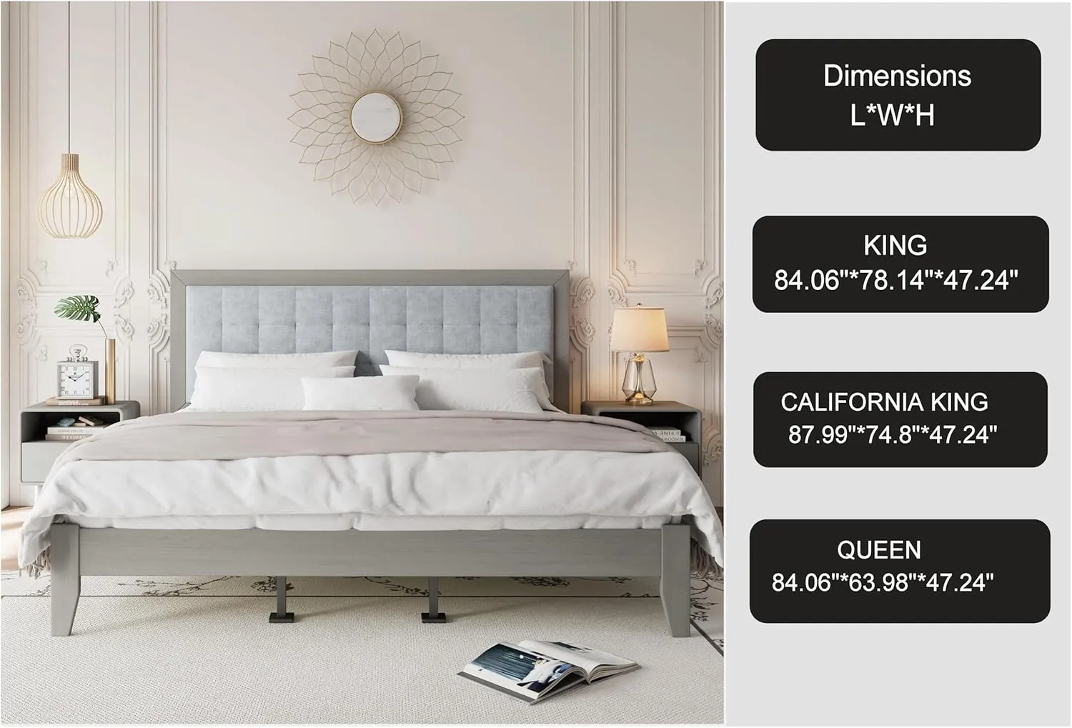 Merax Modern Upholstered Bed Frame with Vertical Channel Headboars, California King Low Tufted Platform Bed, No Box Spring Needed, Easy Assemble, Gray