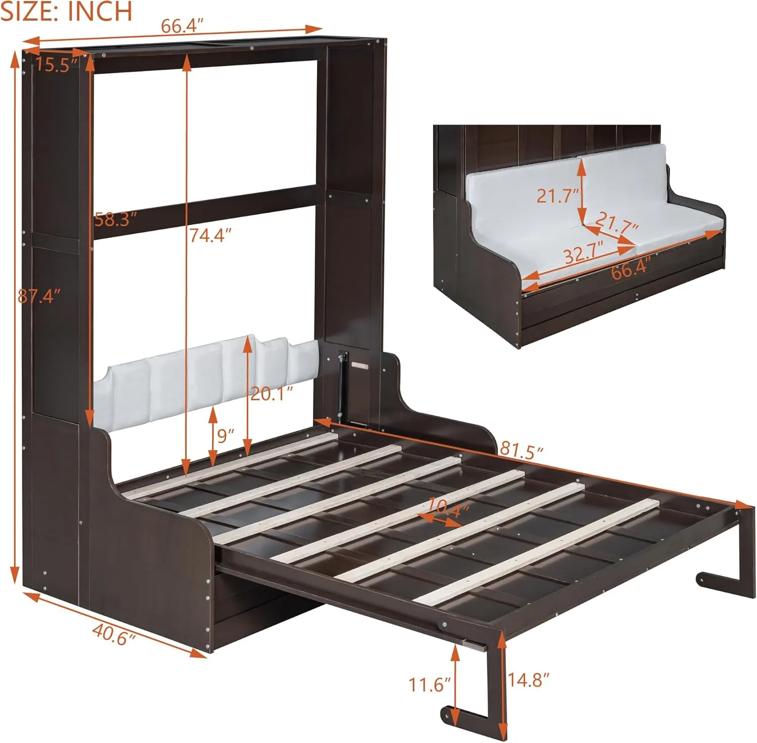 Merax Queen Size Murphy Bed, Wooden Queen Murphy Bed Wall Bed with Sofa and Cushion, Espresso