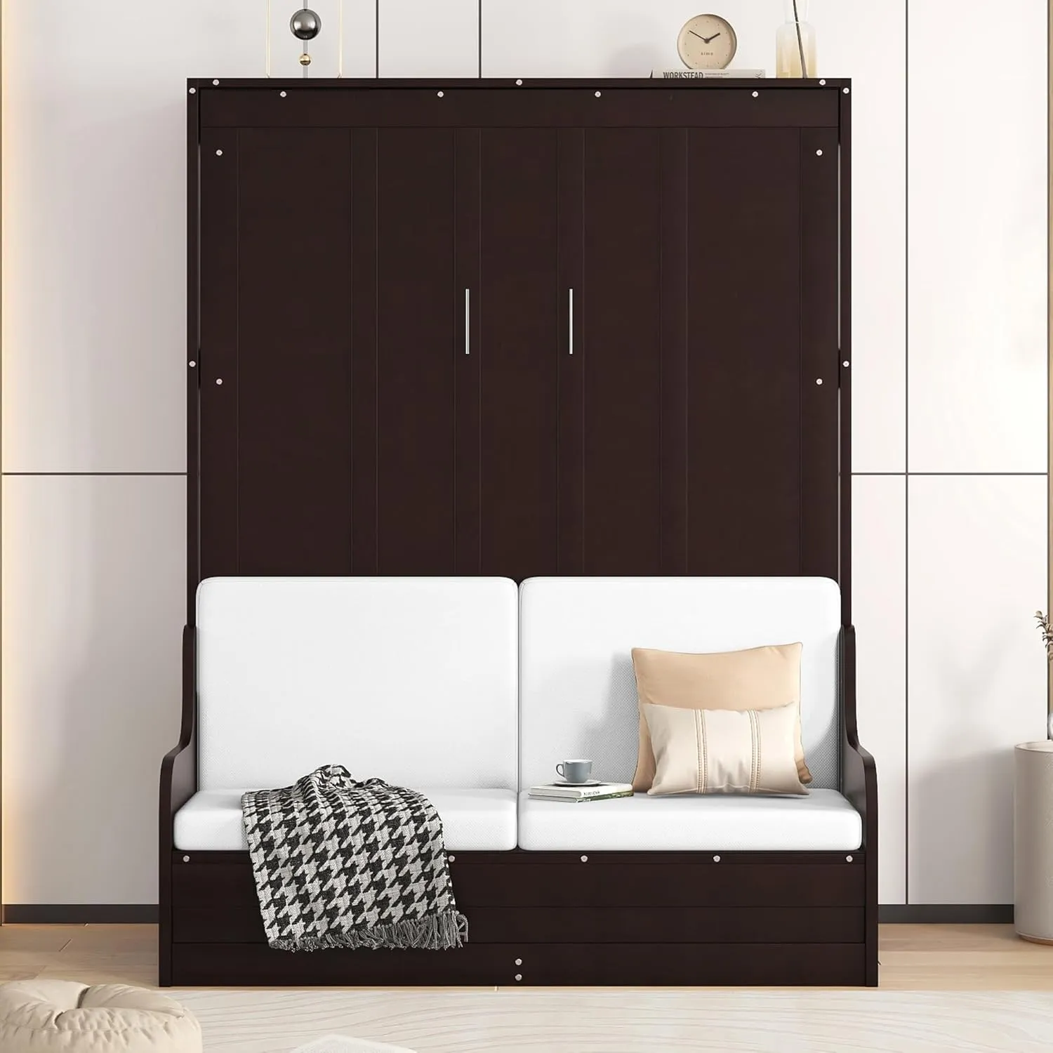 Merax Queen Size Murphy Bed, Wooden Queen Murphy Bed Wall Bed with Sofa and Cushion, Espresso