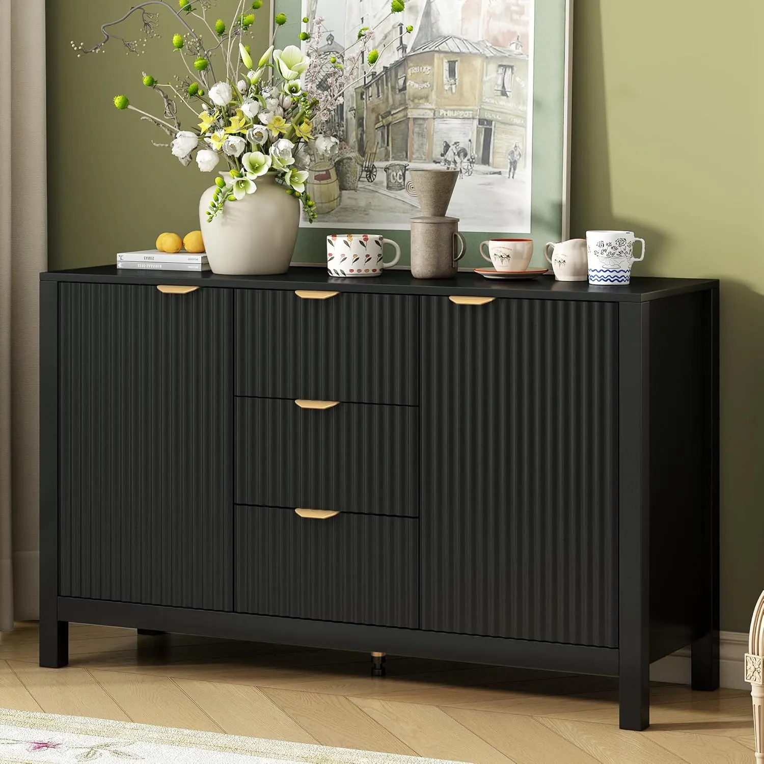 Merax Wave Design Entryway Cabinet with 3 Adjustable Shelves & 3 Drawers & Soft-Close Doors, Storage Console Table with Metal Handles for Study, Hallway, Living Room, Black
