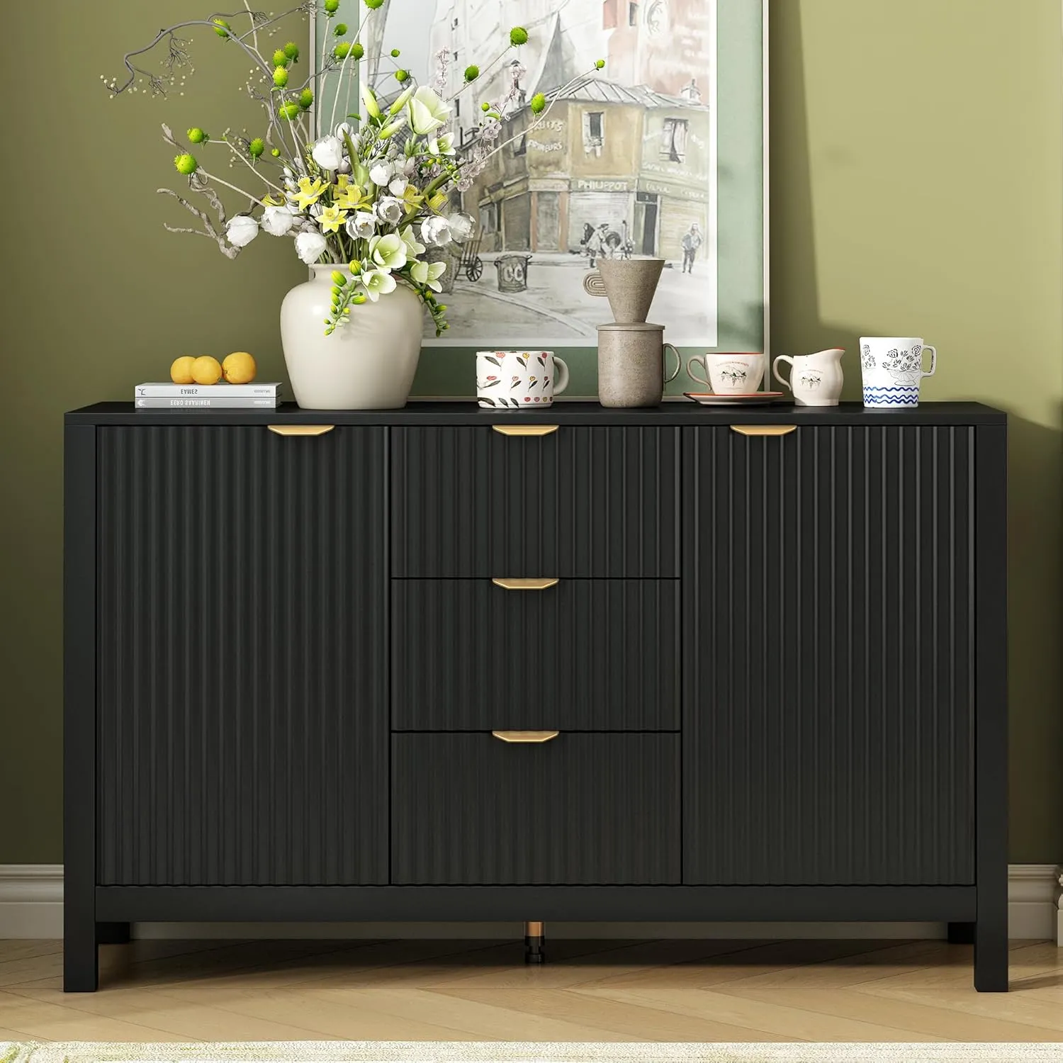 Merax Wave Design Entryway Cabinet with 3 Adjustable Shelves & 3 Drawers & Soft-Close Doors, Storage Console Table with Metal Handles for Study, Hallway, Living Room, Black