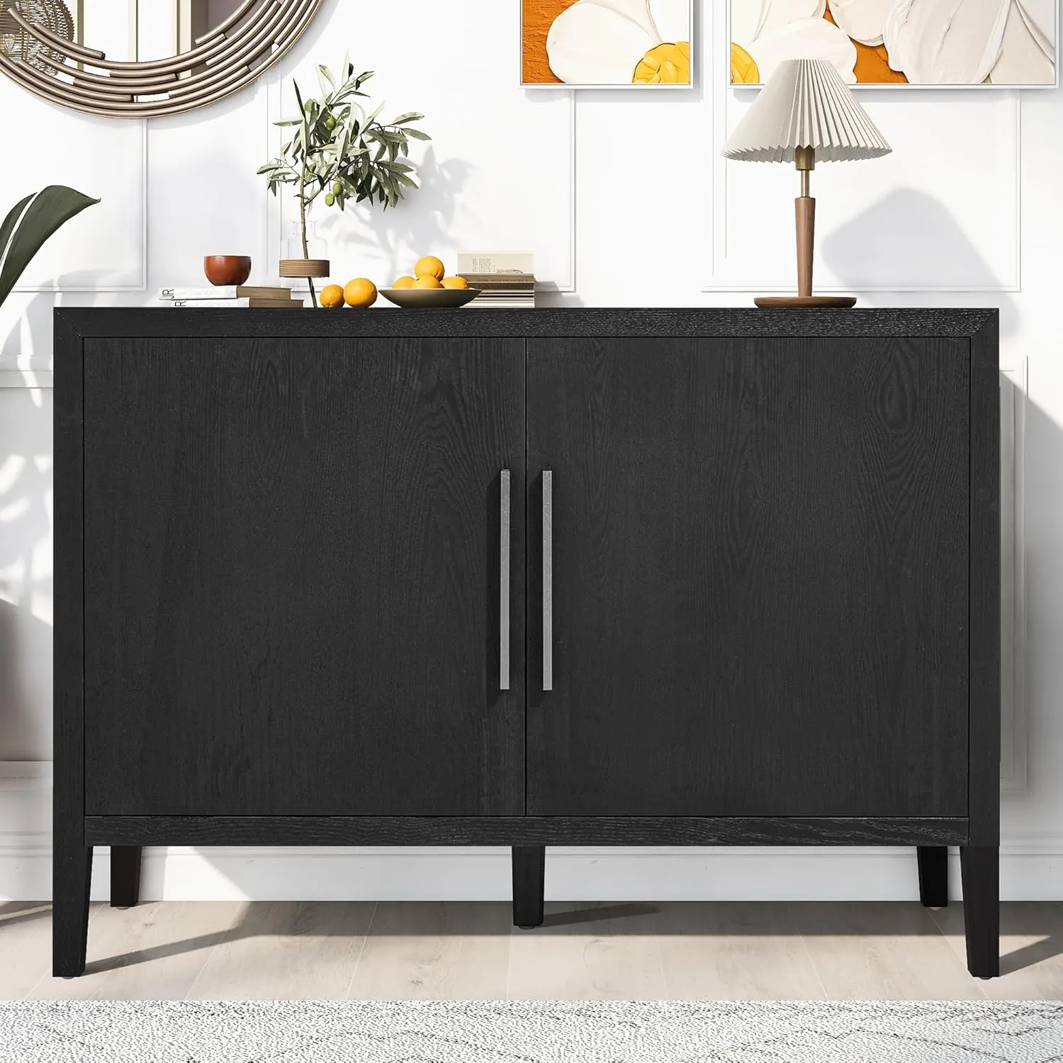 Merax Wood Farmhouse Buffet Sideboard with Metal Handles and 2 Doors, Coffee Bar Storge Cabinet Console Table for Living Room Bedroom Kitchen Hallway Black