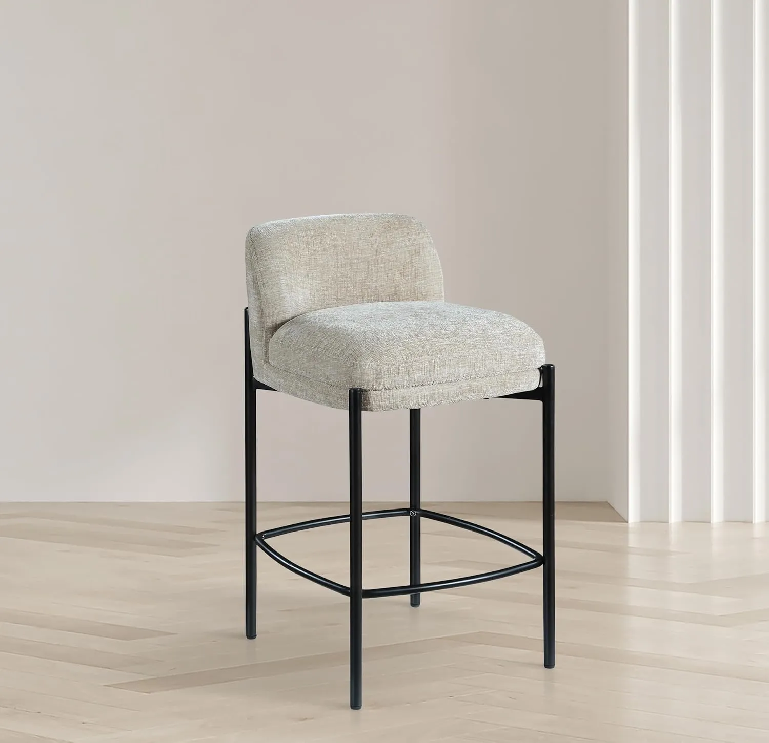 Meridian Furniture 429Beige-C Burton Collection Modern | Contemporary Stool with Soft Beige Chenille Fabric, Matte Black Metal Frame, 17.5" W x 19.5" D x 32.5" H, Beige, Set of 2