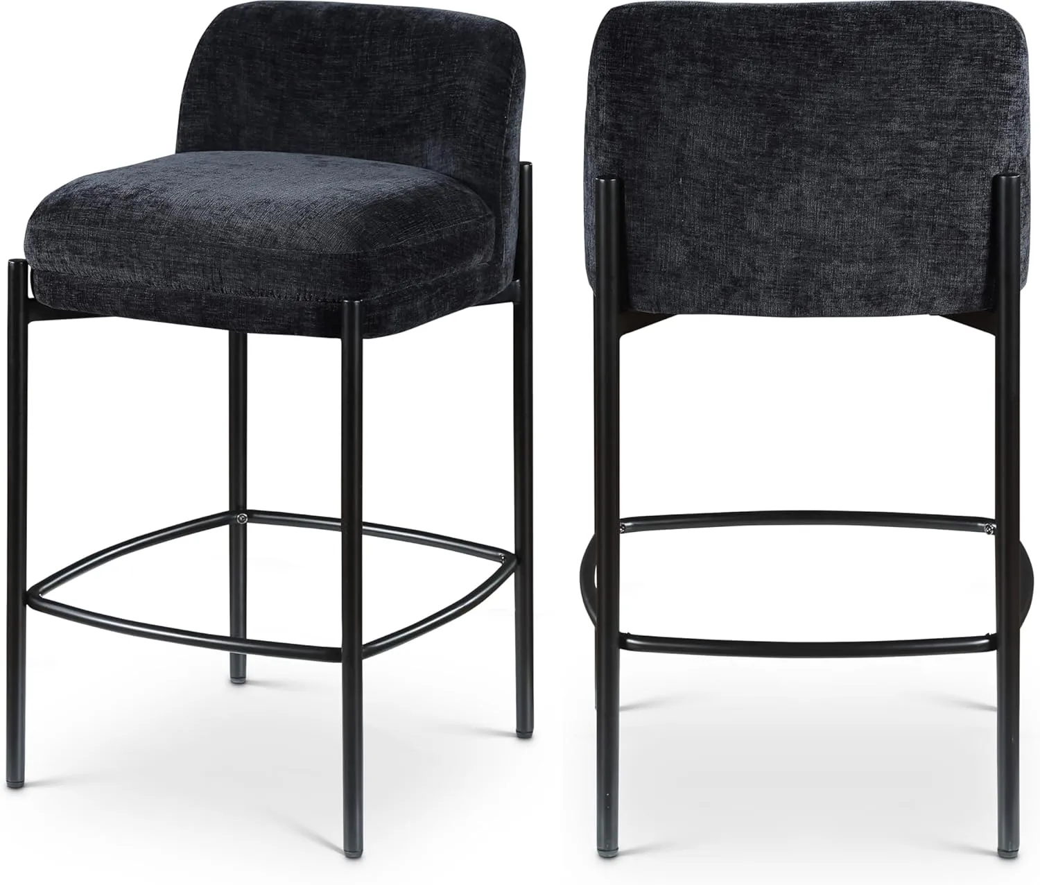 Meridian Furniture 429Black-C Burton Collection Modern | Contemporary Stool with Soft Chenille Fabric, Matte Black Metal Frame, 17.5" W x 19.5" D x 32.5" H, Black, Set of 2
