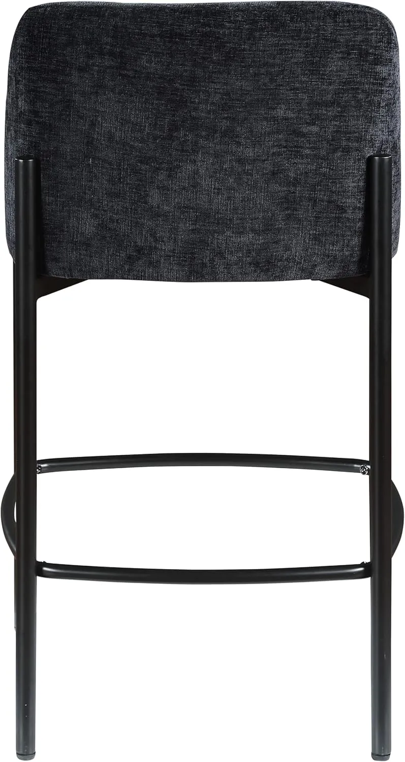Meridian Furniture 429Black-C Burton Collection Modern | Contemporary Stool with Soft Chenille Fabric, Matte Black Metal Frame, 17.5" W x 19.5" D x 32.5" H, Black, Set of 2