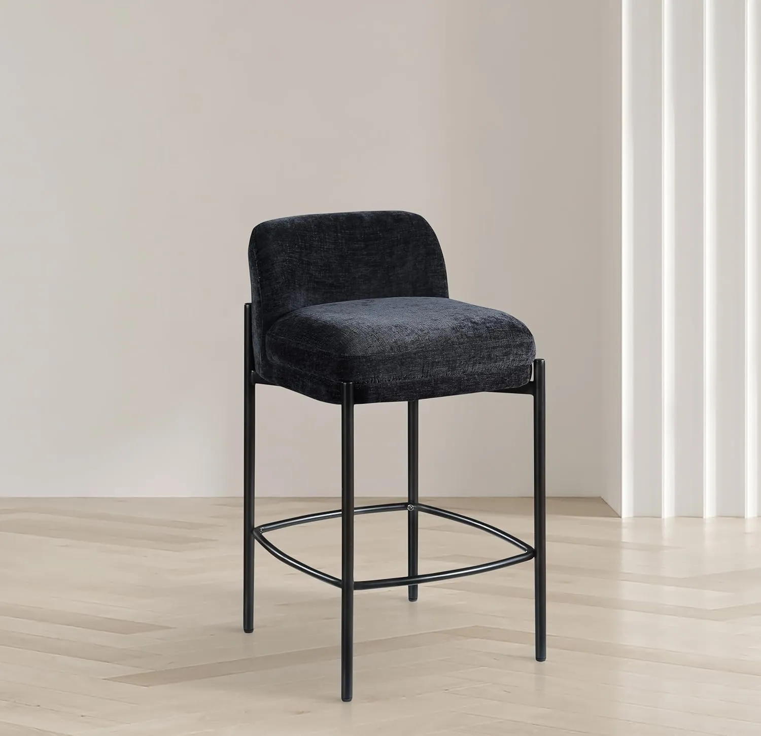 Meridian Furniture 429Black-C Burton Collection Modern | Contemporary Stool with Soft Chenille Fabric, Matte Black Metal Frame, 17.5" W x 19.5" D x 32.5" H, Black, Set of 2