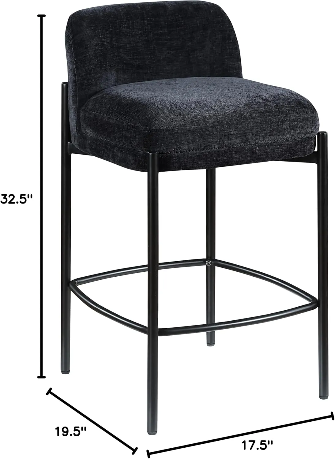 Meridian Furniture 429Black-C Burton Collection Modern | Contemporary Stool with Soft Chenille Fabric, Matte Black Metal Frame, 17.5" W x 19.5" D x 32.5" H, Black, Set of 2