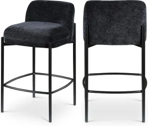 Meridian Furniture 429Black-C Burton Collection Modern | Contemporary Stool with Soft Chenille Fabric, Matte Black Metal Frame, 17.5" W x 19.5" D x 32.5" H, Black, Set of 2