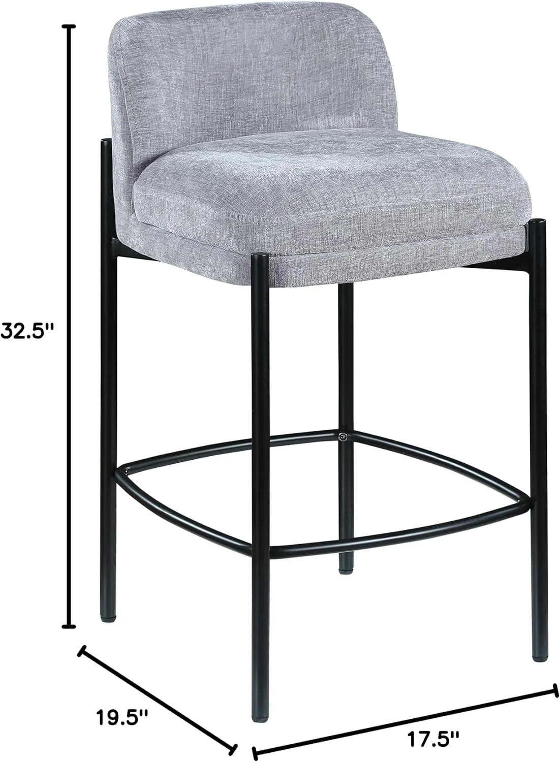 Meridian Furniture 429Grey-C Burton Collection Modern | Contemporary Stool with Soft Grey Chenille Fabric, Matte Black Metal Frame, 17.5" W x 19.5" D x 32.5" H, Grey, Set of 2