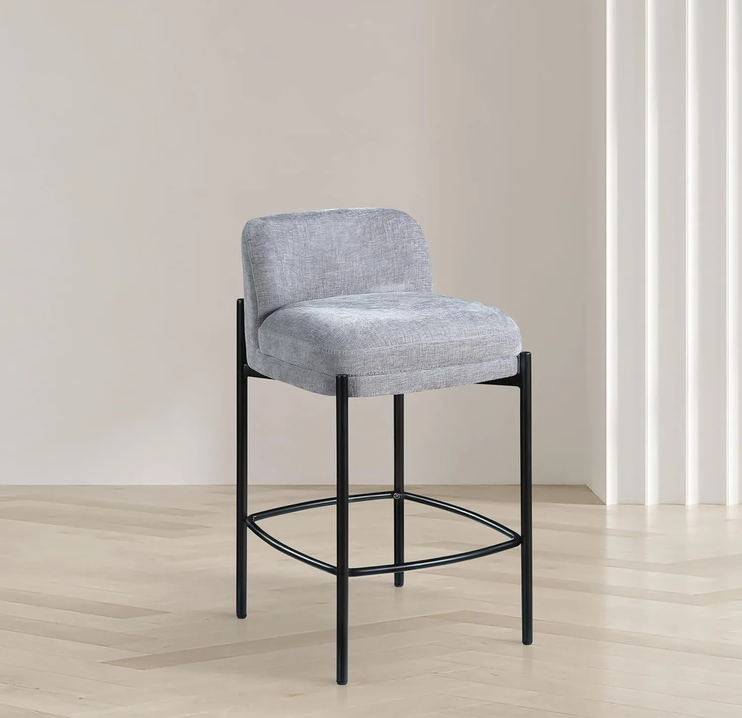 Meridian Furniture 429Grey-C Burton Collection Modern | Contemporary Stool with Soft Grey Chenille Fabric, Matte Black Metal Frame, 17.5" W x 19.5" D x 32.5" H, Grey, Set of 2