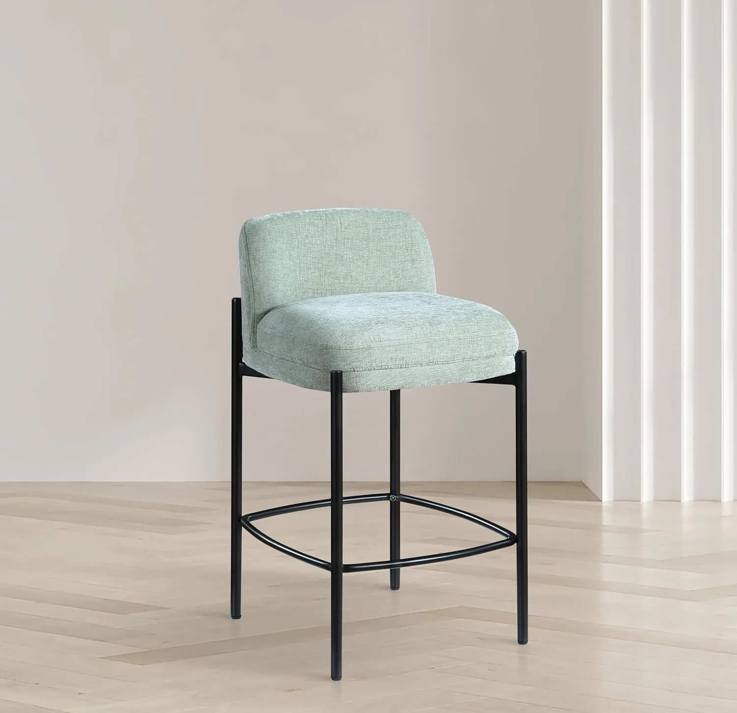 Meridian Furniture 429Mint-C Burton Collection Modern | Contemporary Stool with Soft Mint Green Chenille Fabric, Matte Black Metal Frame, 17.5" W x 19.5" D x 32.5" H, Mint, Set of 2
