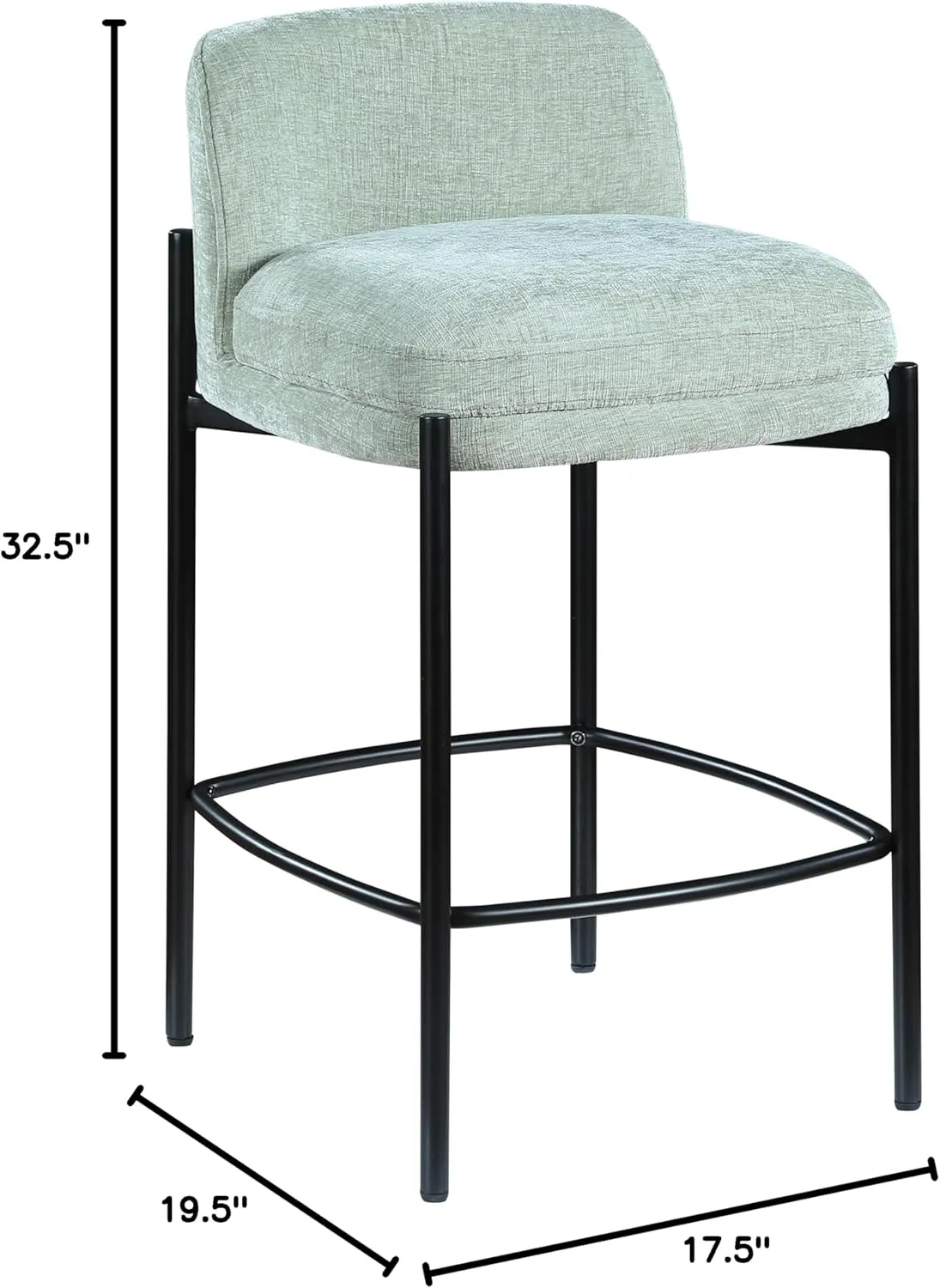 Meridian Furniture 429Mint-C Burton Collection Modern | Contemporary Stool with Soft Mint Green Chenille Fabric, Matte Black Metal Frame, 17.5" W x 19.5" D x 32.5" H, Mint, Set of 2