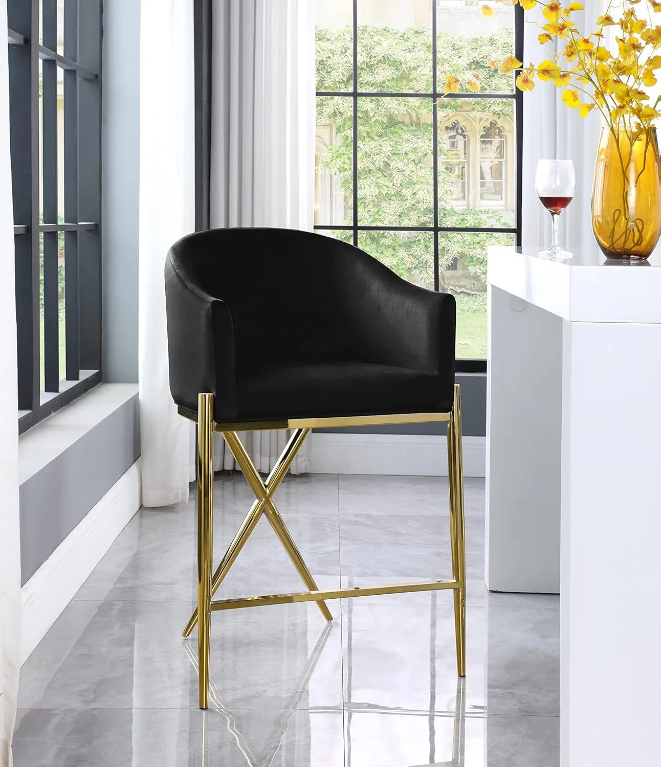 Meridian Furniture 867Black-C Xavier Collection Velvet Upholstered Counter Stool with Sturdy Gold Metal Legs, Black, 23.5" W x 22.5" D x 38" H