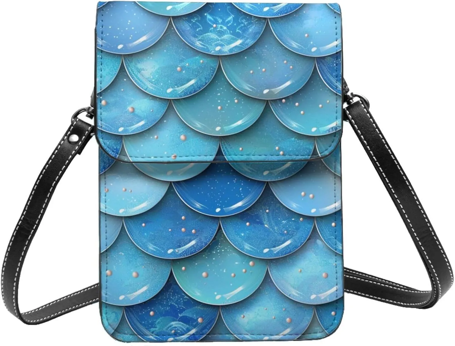 mermaid fish scales oceanic underwater blue Leather Small Crossbody Bags for Women Cell Phone Bag Wallet Purses with Adjustable Strap