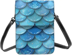 mermaid fish scales oceanic underwater blue Leather Small Crossbody Bags for Women Cell Phone Bag Wallet Purses with Adjustable Strap