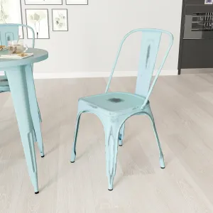 Merrick Lane Banks Stacking Dining Chair - Green- Blue Metal Frame - Distressed Powder Coated Finish - Curved Slat Back - 500 lb. Static Weight Capacity