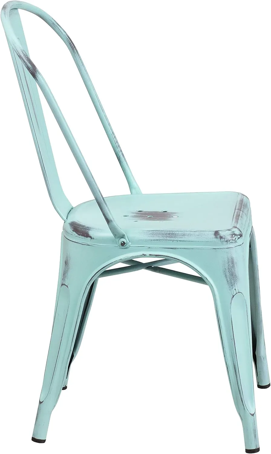Merrick Lane Banks Stacking Dining Chair - Green- Blue Metal Frame - Distressed Powder Coated Finish - Curved Slat Back - 500 lb. Static Weight Capacity