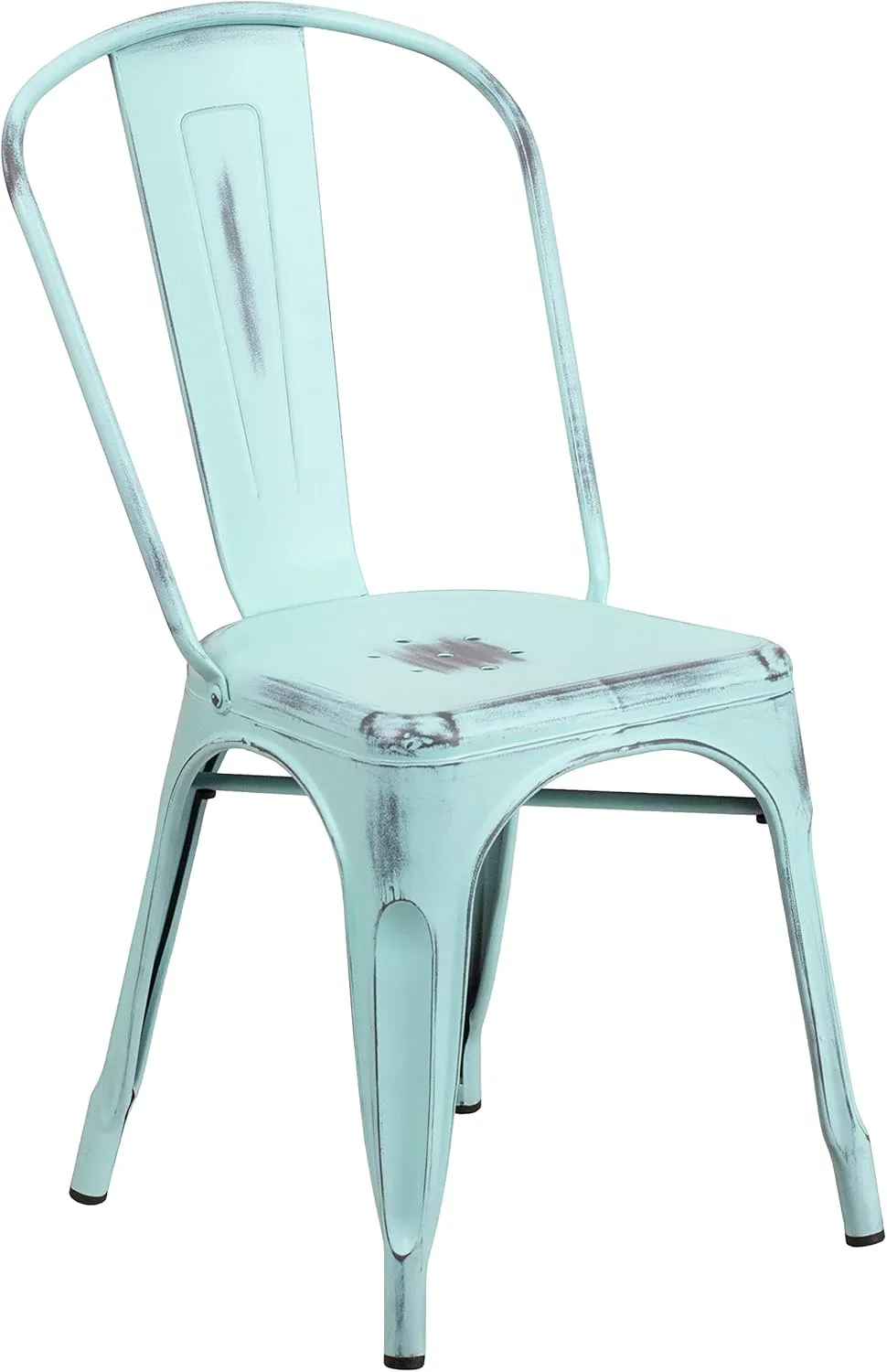 Merrick Lane Banks Stacking Dining Chair - Green- Blue Metal Frame - Distressed Powder Coated Finish - Curved Slat Back - 500 lb. Static Weight Capacity