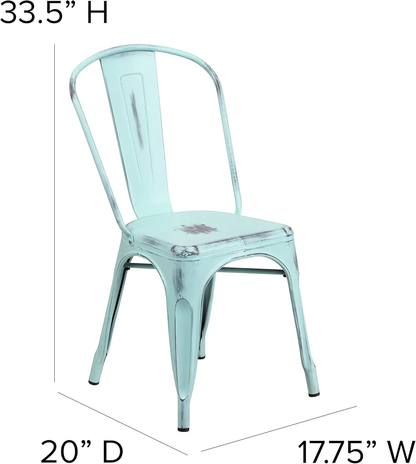 Merrick Lane Banks Stacking Dining Chair - Green- Blue Metal Frame - Distressed Powder Coated Finish - Curved Slat Back - 500 lb. Static Weight Capacity