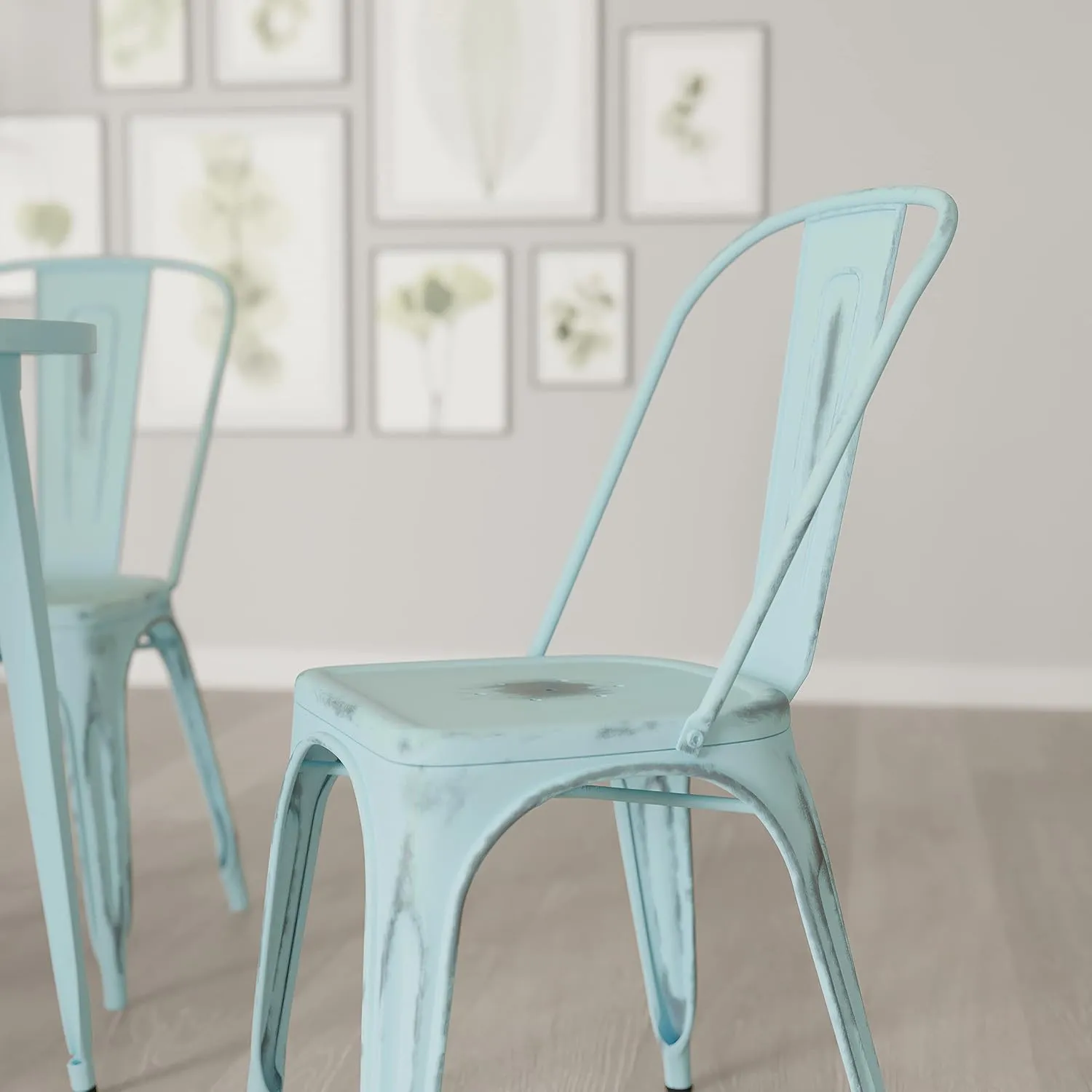 Merrick Lane Banks Stacking Dining Chair - Green- Blue Metal Frame - Distressed Powder Coated Finish - Curved Slat Back - 500 lb. Static Weight Capacity