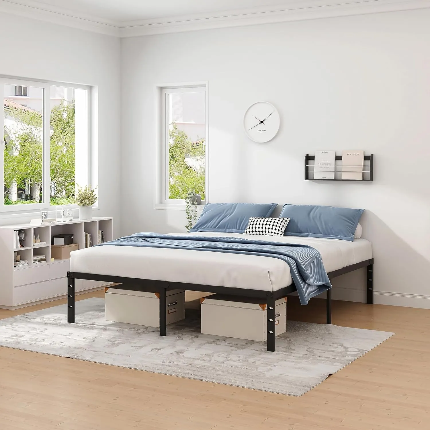 Metal Bed Frame,Queen Size Bed Frame with Storage Space,Heavy Duty Sturdy Mattress Foundation,Easy Assembly,No Box Spring Needed, Black,14 Inch,Queen
