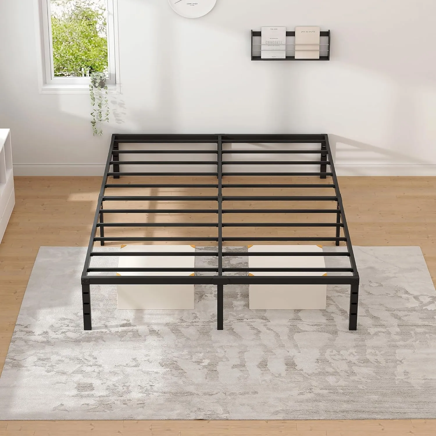 Metal Bed Frame,Queen Size Bed Frame with Storage Space,Heavy Duty Sturdy Mattress Foundation,Easy Assembly,No Box Spring Needed, Black,14 Inch,Queen