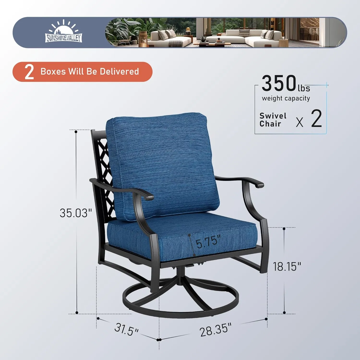 Metal Outdoor Swivel Patio Chairs Set of 2 with 5.75" Extra Thick Cushion, 2 Piece High Back Swivel Rocker Patio Chairs Outdoor Furniture Seating for Deck Balcony Front Porch, Blue-2