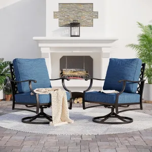 Metal Outdoor Swivel Patio Chairs Set of 2 with 5.75" Extra Thick Cushion, 2 Piece High Back Swivel Rocker Patio Chairs Outdoor Furniture Seating for Deck Balcony Front Porch, Blue-2